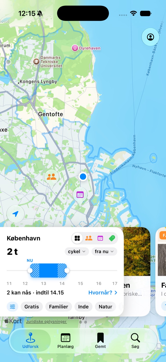 The time card in Jamii set to two hours from now by bike, with a timeline showing the time span and how many happenings are within reach.